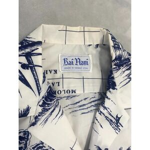 Vintage Rai Nani Hawaiian Camp Shirt Mens White Sailboats Palm Tree Short Sleeve